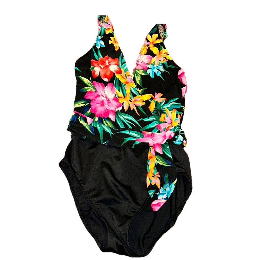 BLACK FLORAL TRIMSHAPER ONE PIECE SWIMSUIT